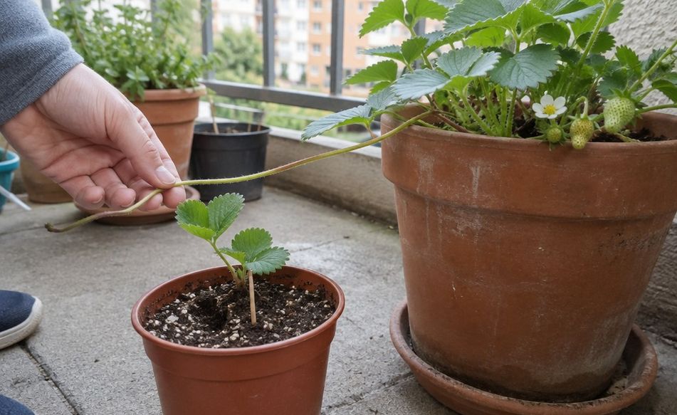 A strawberry runner with a small new plant rooting into a little pot beside the mother plant